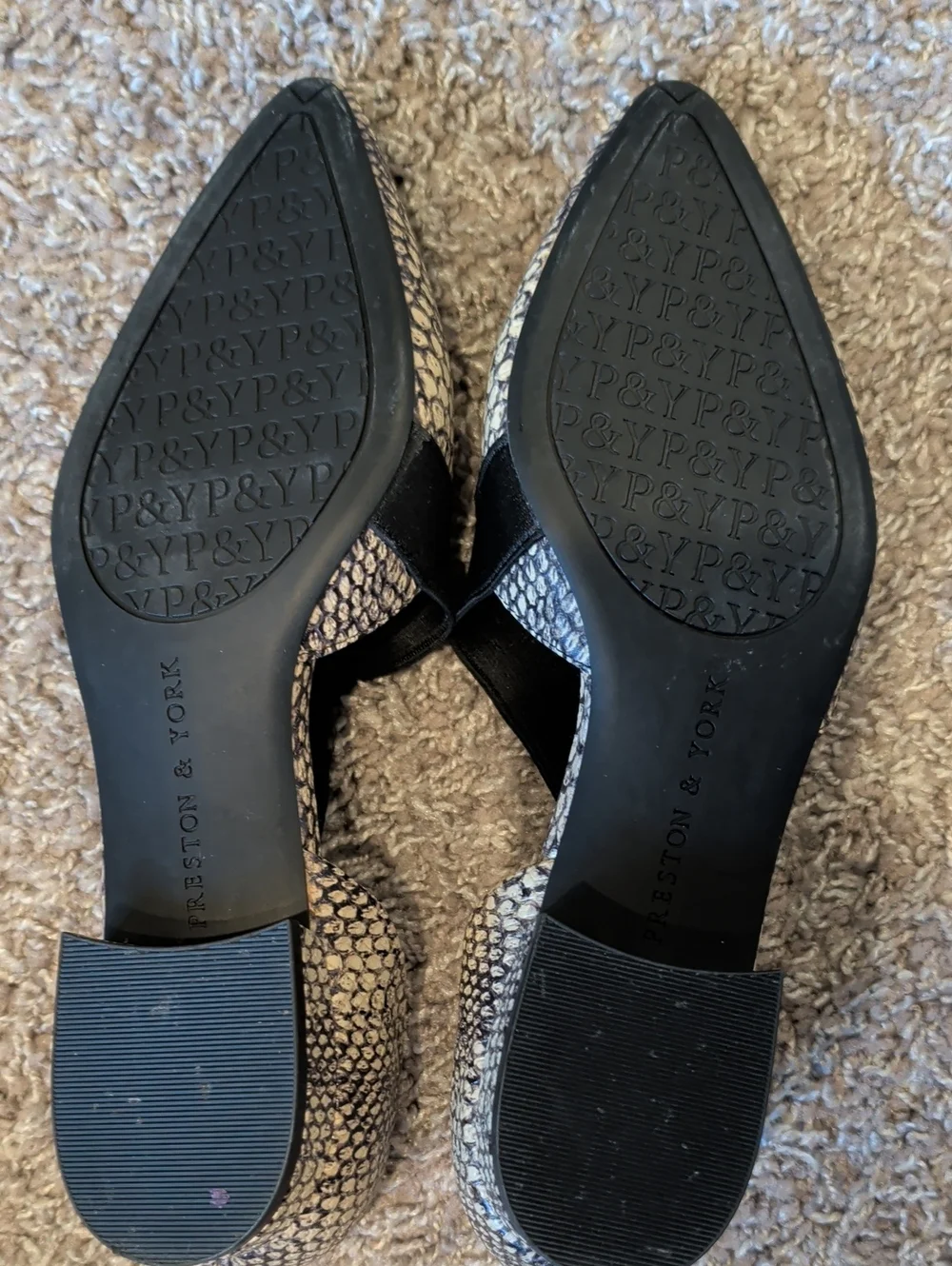 Preston & York Neutral Snake-Print Pointed D'Orsay Flats with Black Cross Strap